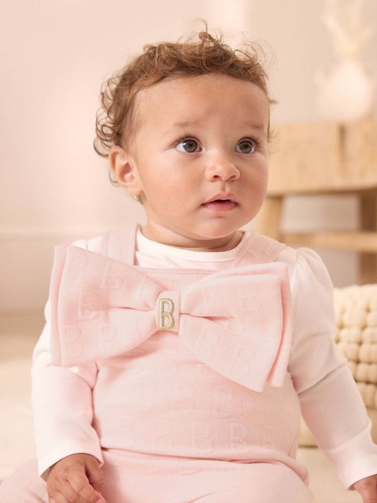 Baker by Ted Baker Pink Jacquard Bow Dungarees & T-Shirt Set image 3