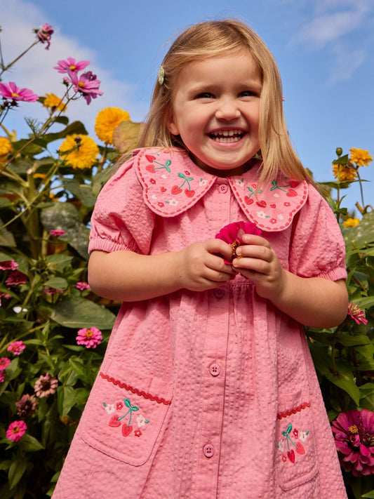 Dsiney Kidz - JoJo Maman Bébé Pink Cherry Embroidered Collared Button Through Dress image 2