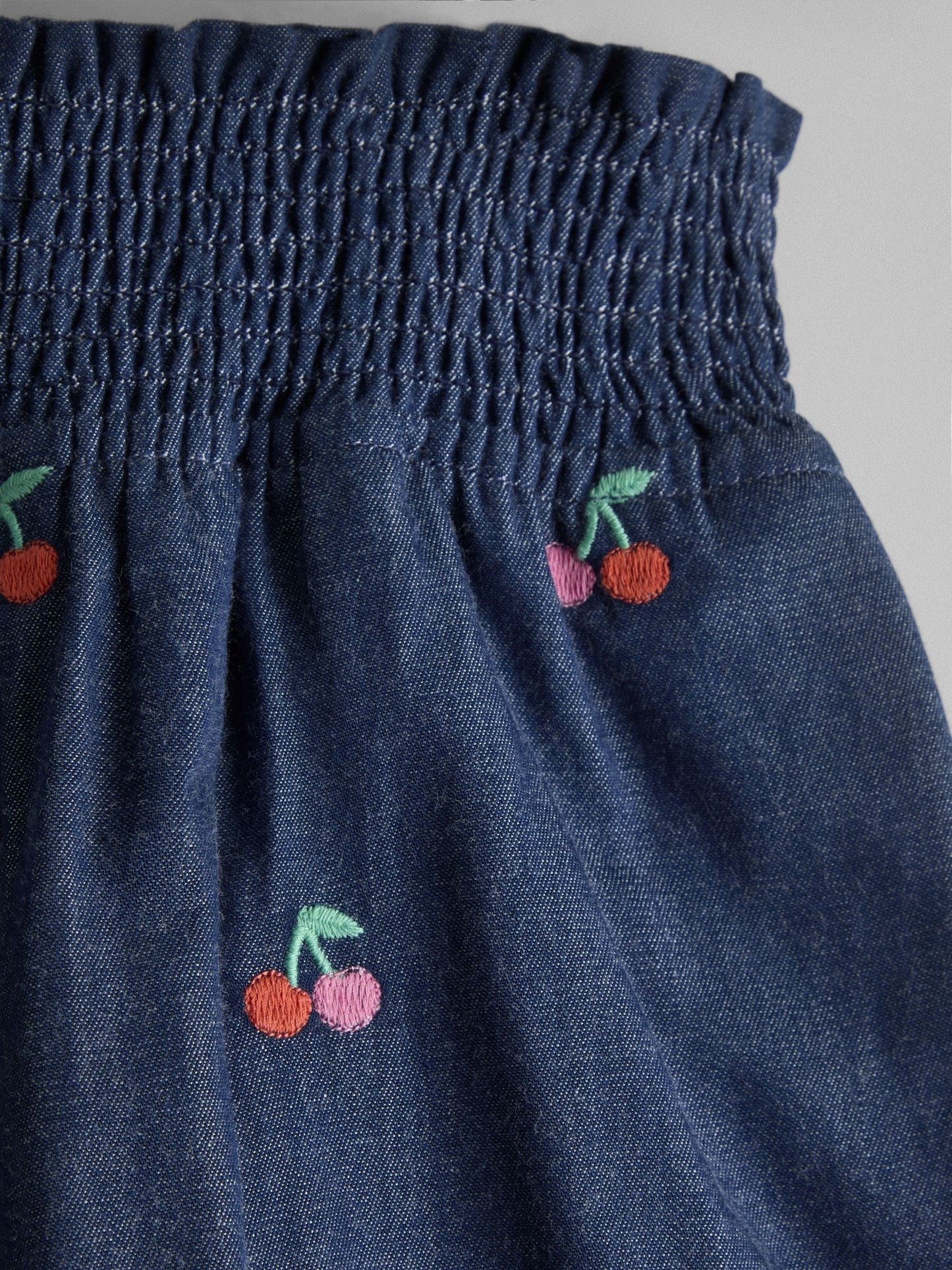 JoJo Maman Bébé Blue Chambray Cherry Smocked Waistband Embroidered Shorts image 3