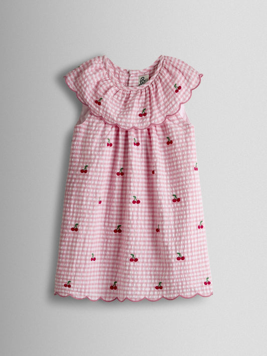 Dsiney Kidz - JoJo Maman Bébé Pink Cherry Embroidered Scalloped Baby Dress & Hat Set image 2