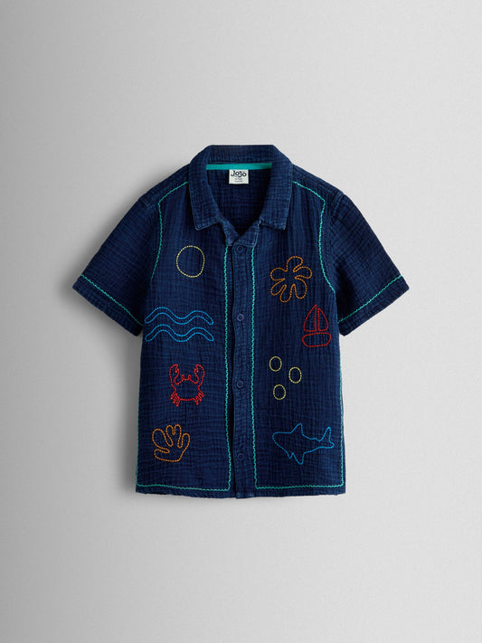 Dsiney Kidz - JoJo Maman Bébé Navy Blue Seaside Embroidered Cheesecloth Shirt image 2