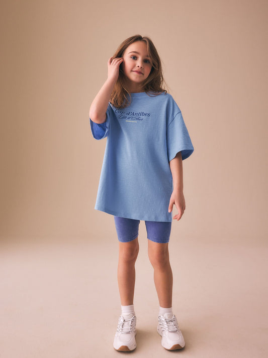 Blue Slogan T-Shirt and Cycle Shorts Set (3-16yrs) image 3
