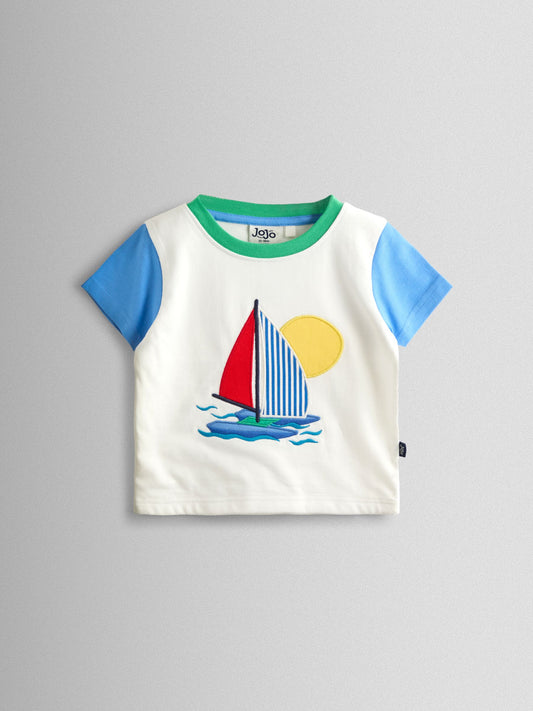 JoJo Maman Bébé Natural Boat Stripe Appliqué T-Shirt image 2