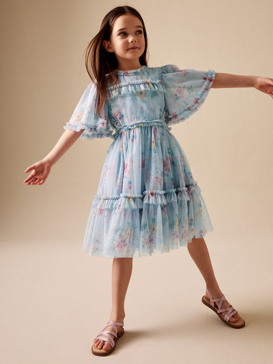 Light Blue Floral Angel Sleeve Mesh Occasion Dress (3-16yrs) image 2