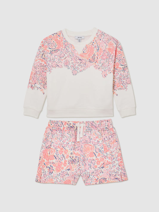 Reiss Pink Print Jessie 9-13 yrs Floral-Print Sweatshirt and Shorts Set image 2