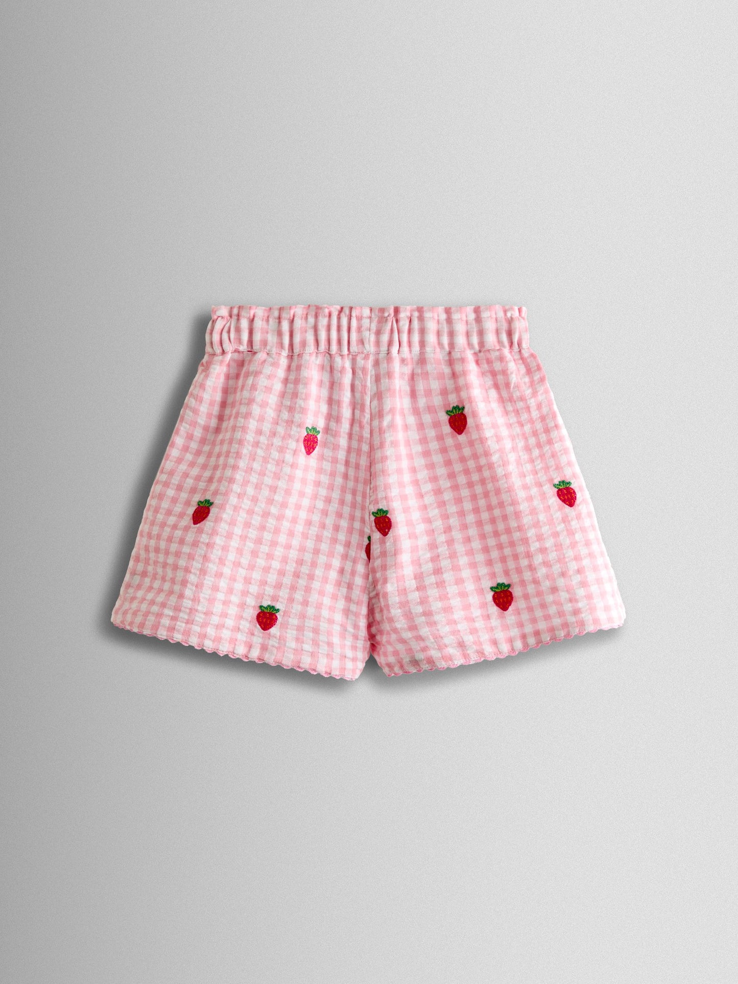 JoJo Maman Bébé Pink Gingham Strawberry Frill Sleeve Embroidered Top & Short Set image 5