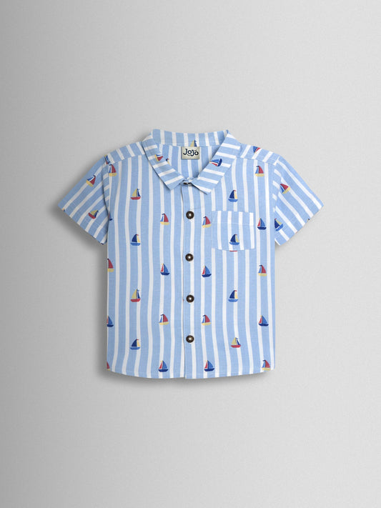 JoJo Maman Bébé Blue Boat 2-Piece Shirt & Twill Shorts Set image 2