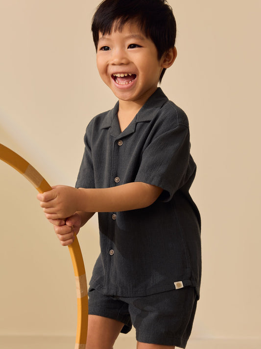 Charcoal Grey Short Sleeve Revere Collar Shirt & Shorts Set (3mths-10yrs) image 2