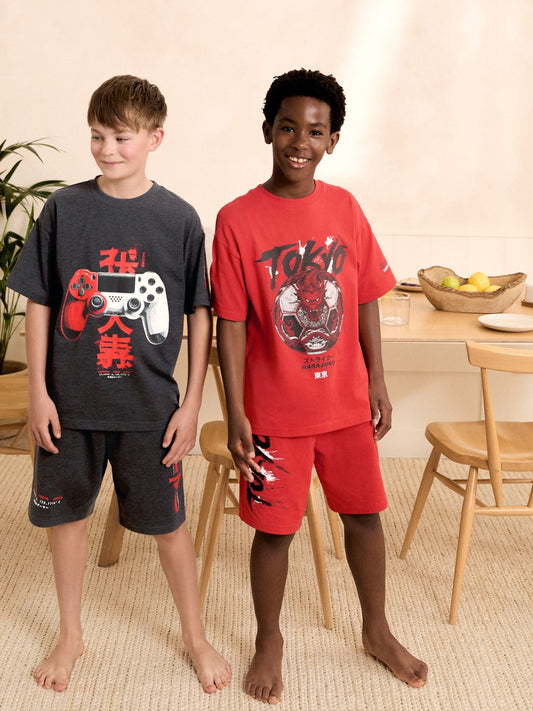 Grey/Red Tokyo Football Short Pyjamas 2 Pack (5-16yrs) - image 1