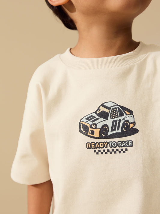 Cream Race Car Short Sleeve Back Print T-Shirt (3mths-7yrs) image 2