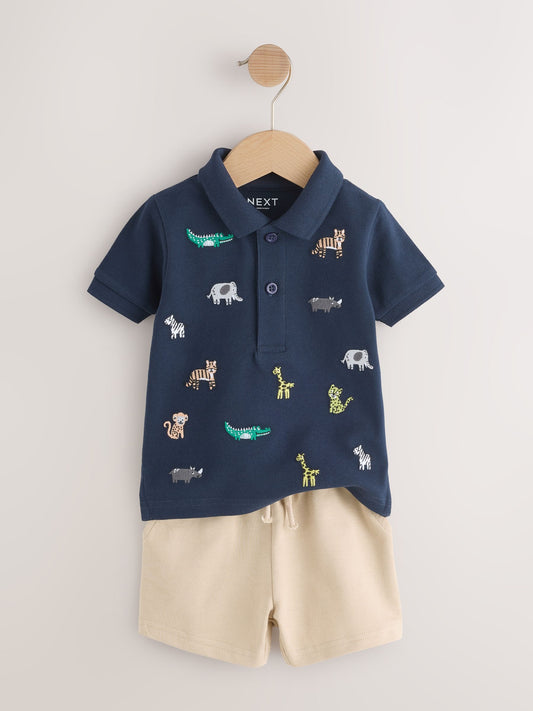 Navy All Over Embroidery Safari Animals Short Sleeve Polo Shirt and Shorts Set (3mths-7yrs) image 2