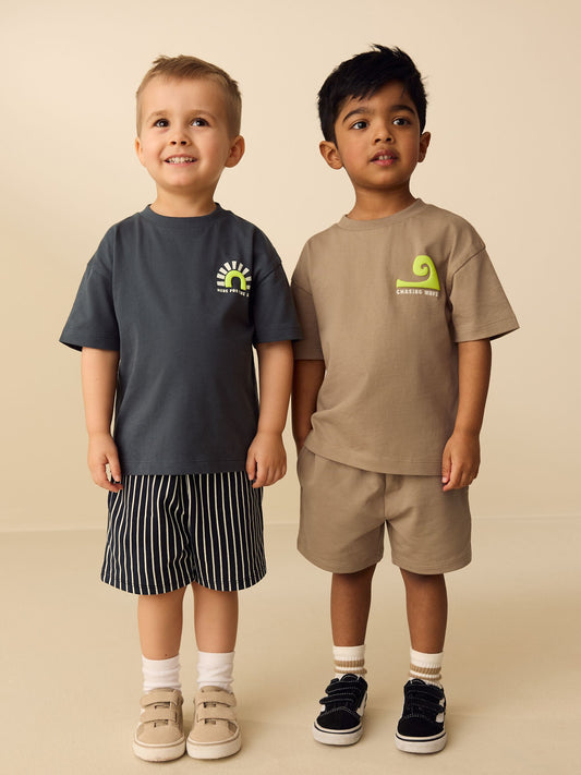 Black/Tan Waves Short Sleeve T-Shirt and Shorts Set 2 Pack (3mths-7yrs) image 2