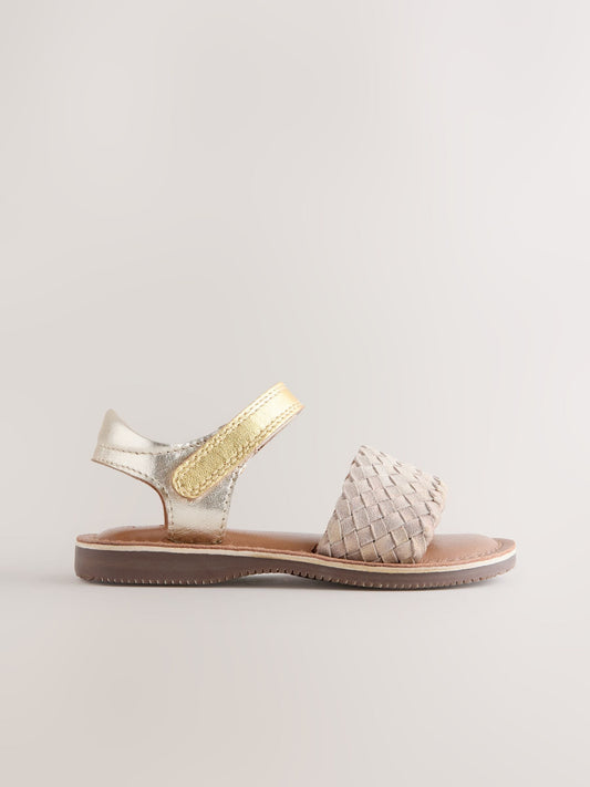 Gold Wide Fit (G) Leather Twist Sandals with Touch Fastening image 2