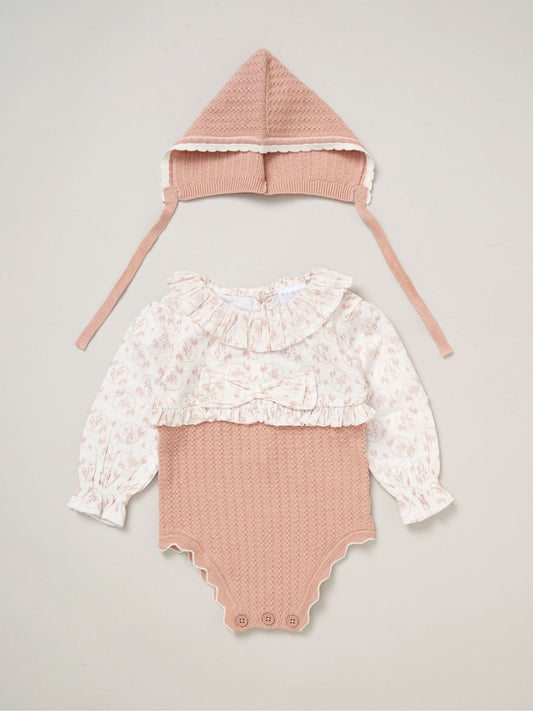 Rock-A-Bye Baby Boutique Pink True Knit Woven Romper And Bonnet Outfit Set image 2