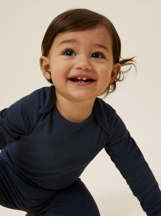 MORI Light Blue Ribbed Stretch Long Sleeve Envelope Neckline Bodysuit image 2