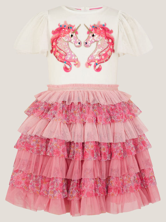 Dsiney Kidz - Monsoon Pink Sequin Unicorn Ruffle Tiered Dress image 2