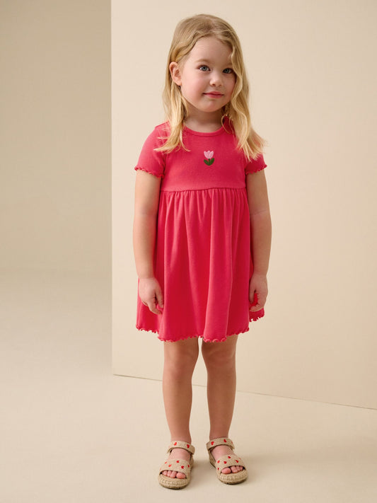 Red Flower Short sleeve Embroidered Ribbed Dress (3mths-7yrs) image 2