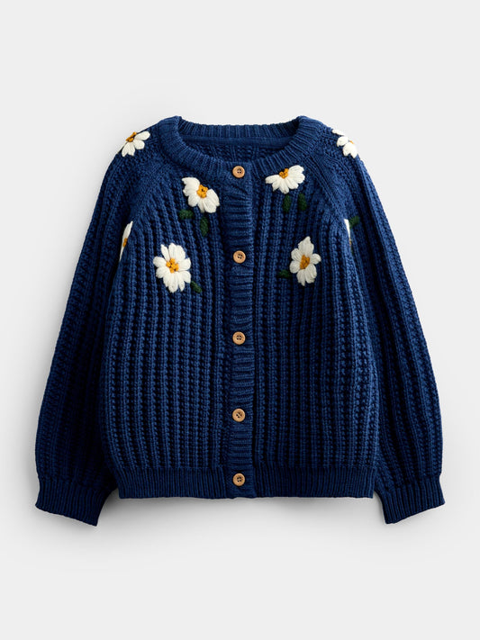 Disney Kidz - JoJo Maman Bébé Mid Blue Floral Embroidered Rib Knit Cardigan image 1