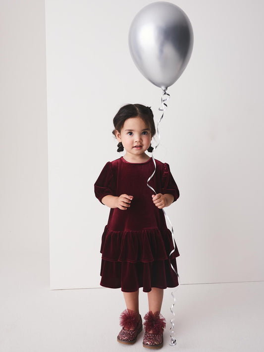 Dsiney Kidz - Burgundy Red Velvet Short Sleeve Occasion Dress (3mths-8yrs) image 2