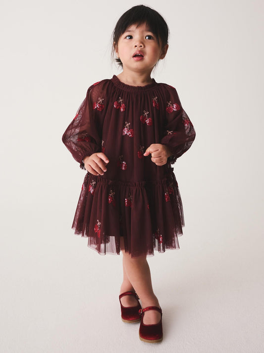 Burgundy Red Cherry Sequin Mesh Occasion Dress (3mths-8yrs) - image 2
