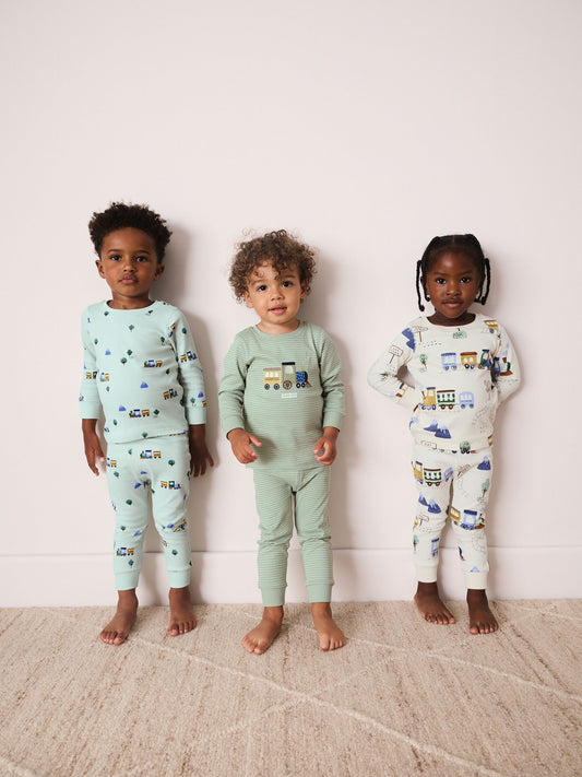 Green/Ecru Train Mini Print Snuggle Pyjamas 3 Pack (9mths-10yrs) - image 1