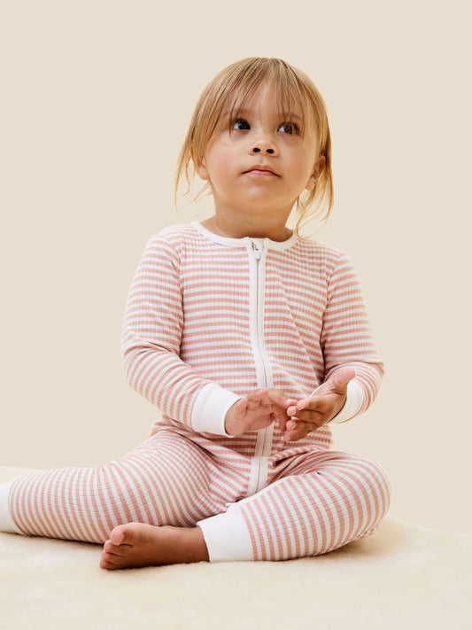 MORI Pink Supersoft Ribbed Stripe Two Way Zip-Up Sleepsuit image 2