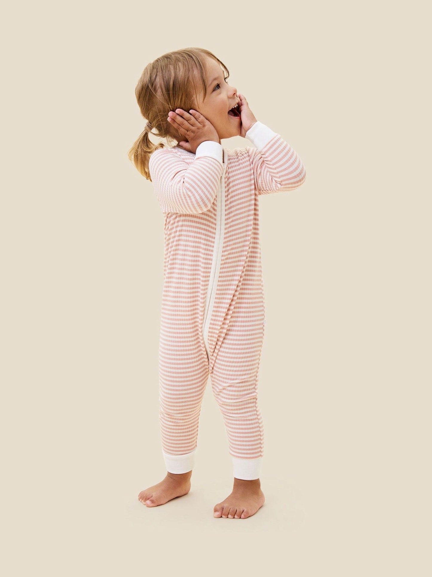 MORI Pink Supersoft Ribbed Stripe Two Way Zip-Up Sleepsuit image 4