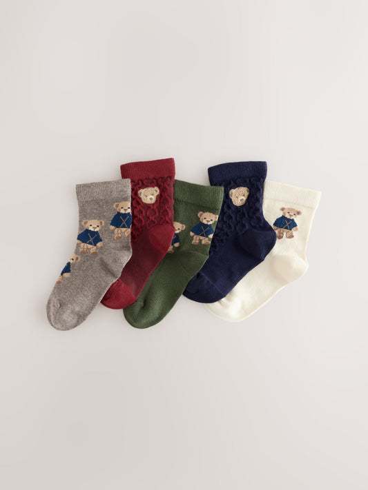 Navy/Burgundy Bear Character Cotton Rich Socks 5 Pack - image 1