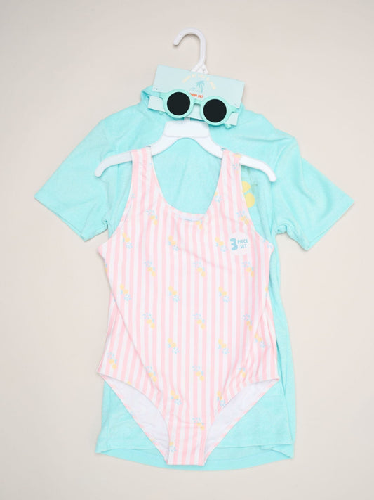 Dsiney Kidz - Miss Green Lemon And Stripe Printed Swimsuit With Poncho And Sunglasses image 2