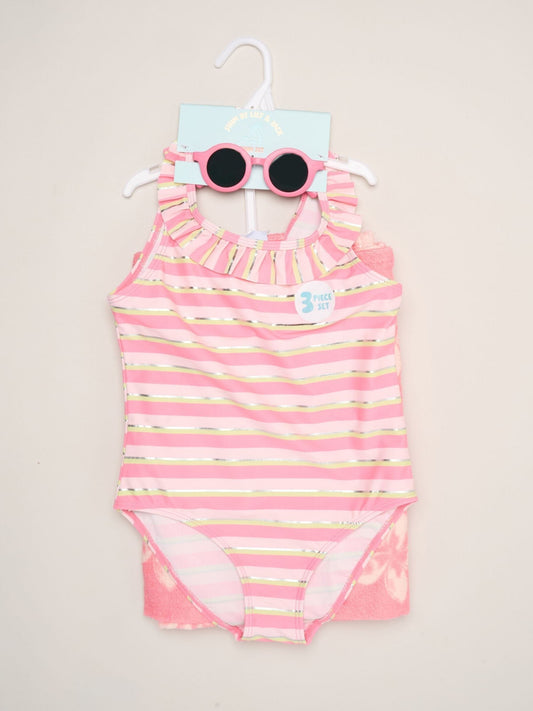 Dsiney Kidz - Miss Pink Stripe Swimsuit With Flower Towel And Sunglasses Set image 2