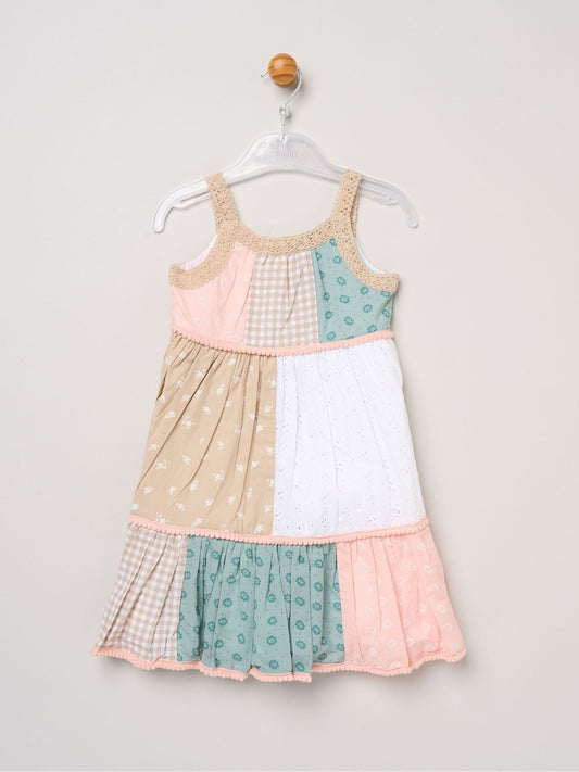 Miss Brown Patchwork Dress With Lace Straps & Pom Pom Trim image 2