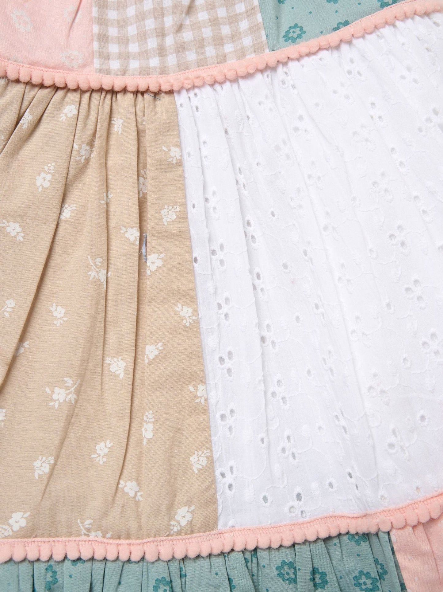 Miss Brown Patchwork Dress With Lace Straps & Pom Pom Trim image 3