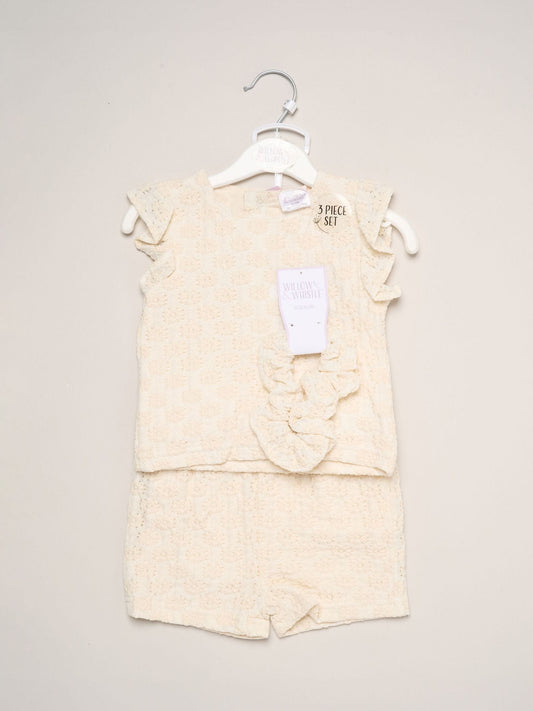 Dsiney Kidz - Miss White Textured Top Shorts And Scrunchie Outfit Set image 2