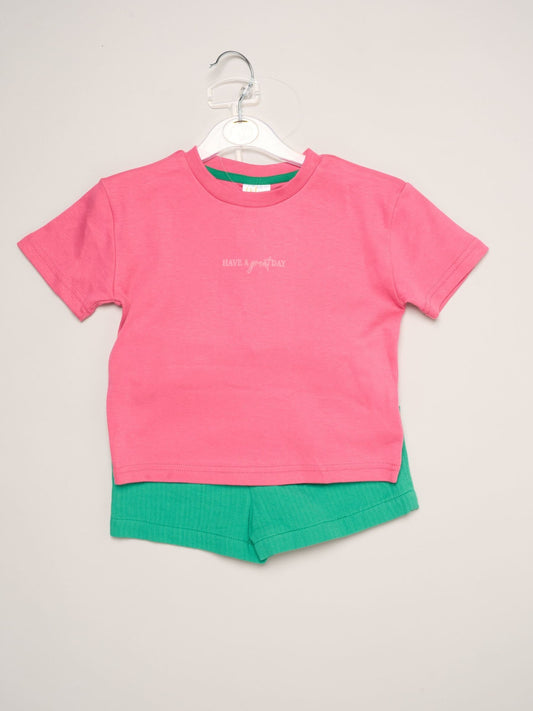 Dsiney Kidz - Miss Pink Short Sleeve Printed T-Shrit And Woven Crepe Shorts Outfit Set image 2