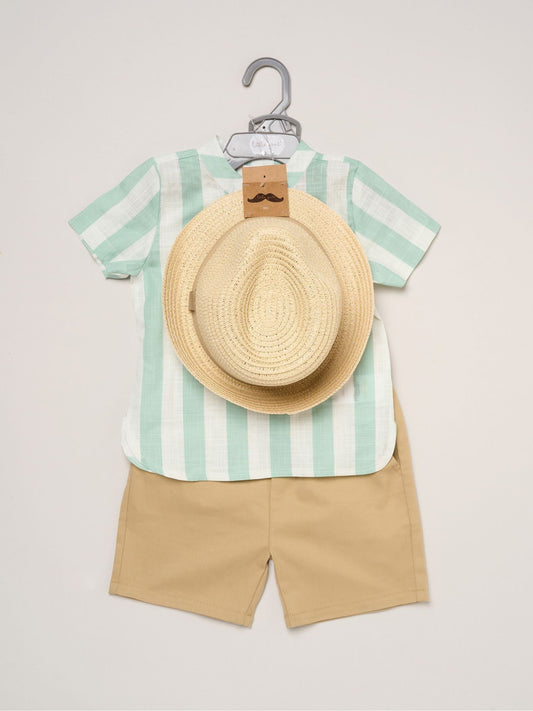 Little Gent Green Woven Stripe Shirt Shorts And Fedora Hat Set image 2