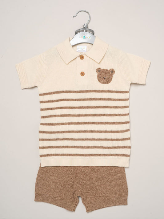 Little Gent Brown True Knit Shirt And Shorts With Crochet Bear image 2