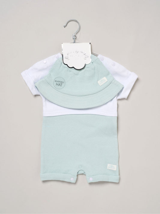 Rock-A-Bye Baby Boutique Green Turtle Printed Romper And Reversible Hat Outfit Set image 2