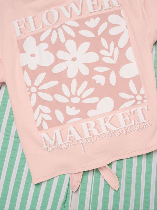 Dsiney Kidz - Miss Pink Flower Market Tie-Front Tee & Seersucker Stripe Trousers Set image 2