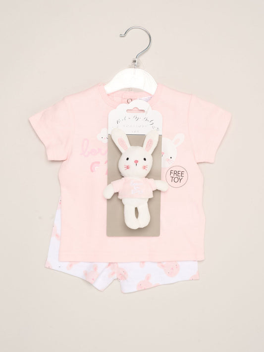 Rock-A-Bye Baby Boutique Pink - Bunny Print T-Shirt, Shorts And Plush Toy Outfit Set image 2