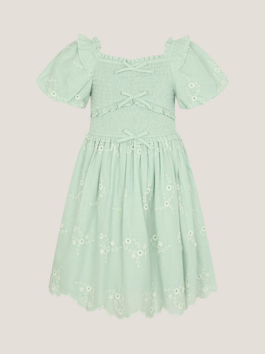 Monsoon Green Embroidered Puff Sleeve Smocked Dress image 2