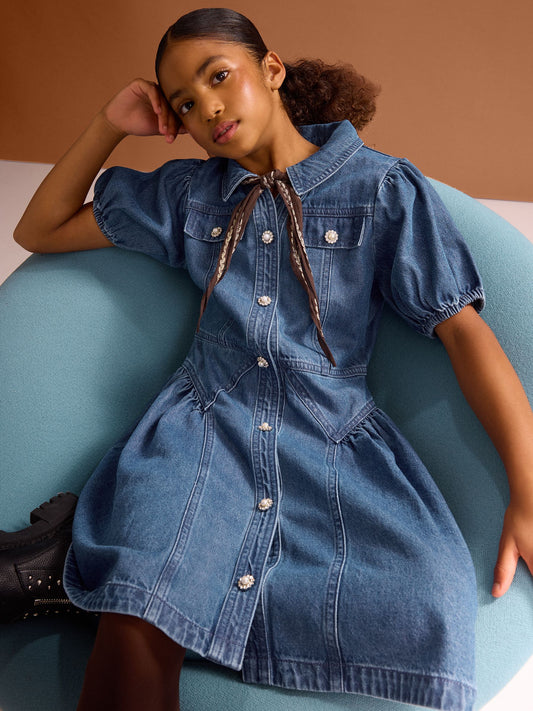 Dsiney Kidz - Lipsy Blue Denim Puff Sleeve Diamante Dress (5-16yrs) image 2