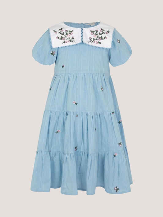 Dsiney Kidz - Monsoon Blue Floral Embroidered Collar Dobby Dress image 2
