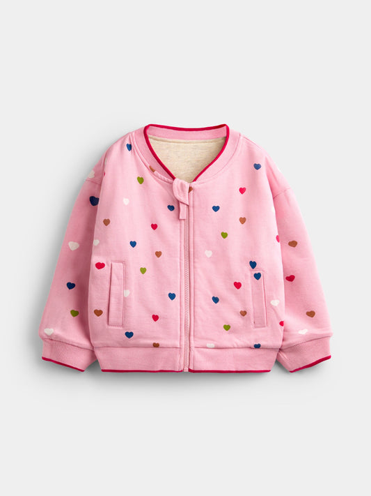 JoJo Maman Bébé Pink Hearts & Oatmeal Appliqué Reversible Bomber Jacket - image 2