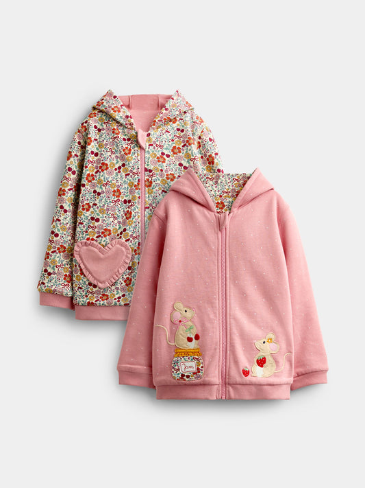 JoJo Maman Bébé Pink Ditsy Mouse Appliqué Reversible Hoodie - image 1