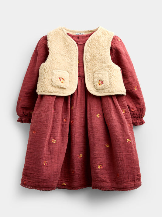 Dsiney Kidz - JoJo Maman Bébé Light Brown Floral Embroidered Cheesecloth Dress & Gilet image 2