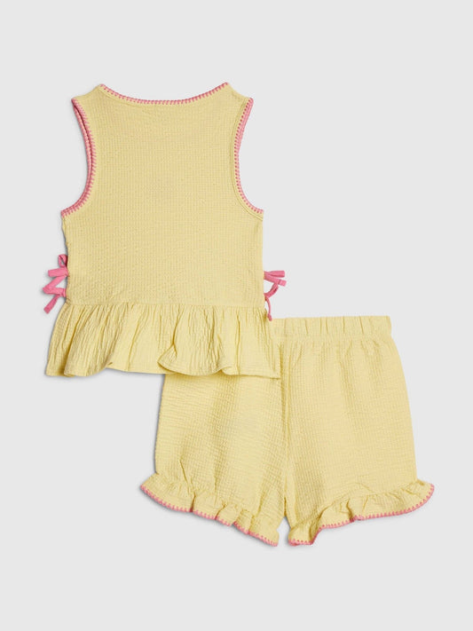 Dsiney Kidz - River Island Yellow Shirred Peplum Bow Top & Frill Shorts Set image 2