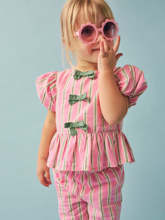 Dsiney Kidz - River Island Pink Stripe Puff Sleeve Top & Bow Wide Leg Set image 2