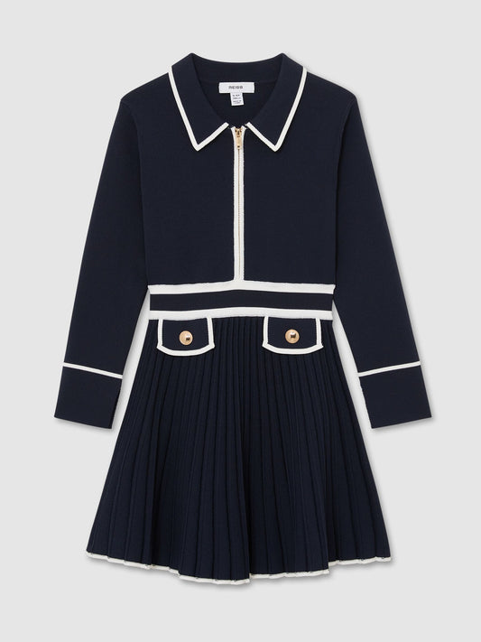 Reiss Navy Anne 9-13 yrs Pleated Tipped Knit Dress image 2