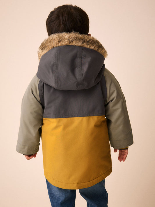 Ochre and Khaki Colour Block Fur Hood Waterproof Coat (3mths-7yrs) - image 2