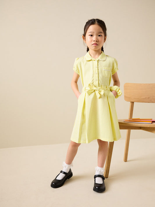 Dsiney Kidz - Yellow Cotton Rich Belted School Dress with Scrunchie (3-14yrs) image 2